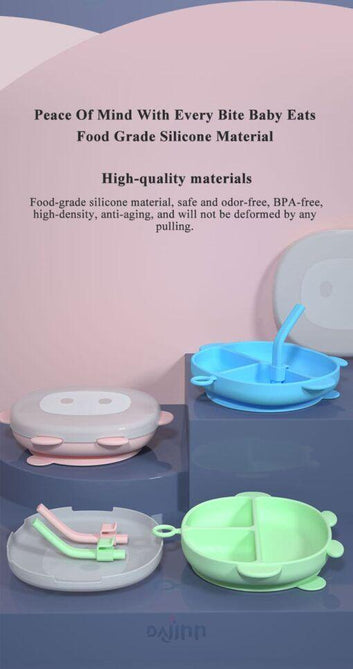 DaJinn Best Silicone Feeding Plates for Baby, Multicolor Plates for Toddlers with Straw (Green)