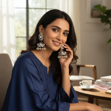 Dajinn Noor-E-Zaiba Collection Traditional Oxidised Silver-Plated Ethnic Earrings with Pearls for Women & Girls (Pearl Lotus Jhumka)
