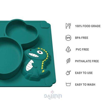 DaJinn Premium Silicone Feeding Plate for Baby & Kids with Straw & Microwave Dishwasher Safe – Green, Dragon Style