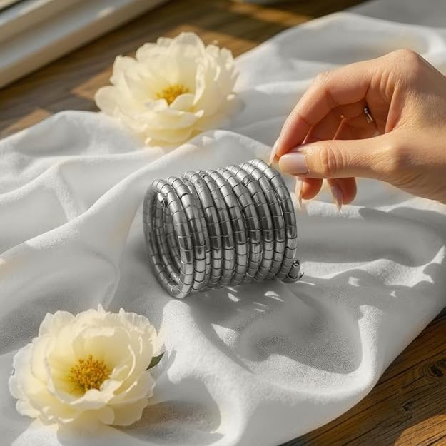 Traditional brass bangles in coil style, displayed on a white fabric with flowers, hand gently adjusting them.