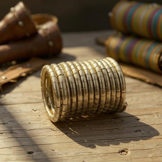 A set of brass bangles with a sleek coil design, showcasing a shiny golden finish.