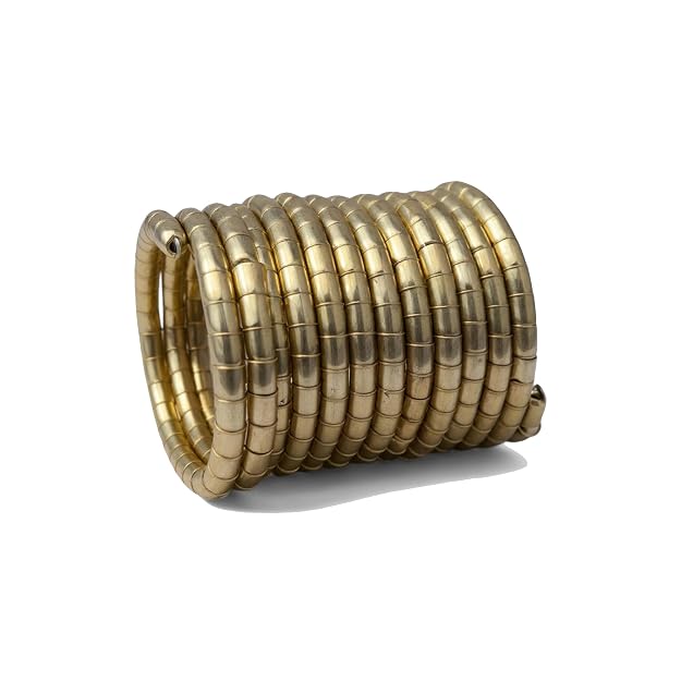 Brass bangle set in a coil style, featuring a shiny antique finish, with multiple bangles stacked together.