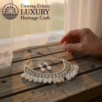 Dajinn Pearl Nirvana Traditional Ethnic Pearl & Shell Necklace Set with Earrings for Women and Girls (Mystic Sea)