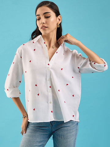Dajinn Embroidered Cotton Shirt with Hearts