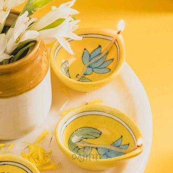 Lotus Blue Pottery Diya (Set Of 5)