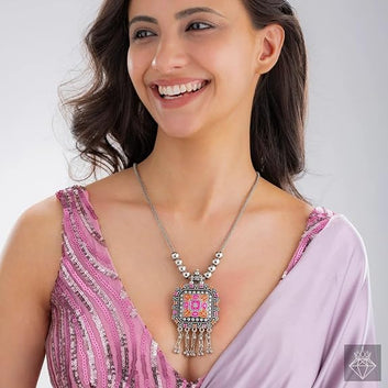 Dajinn Rangavali Tribhuja Ethnic Pendant Necklace for Women Antique Brass Jewelry Colorful Enamel Anti-Tarnish Tribal Boho Statement Necklace