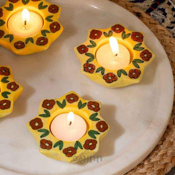 Marigold Blue Pottery Candle Holder - Yellow (Set Of 4)
