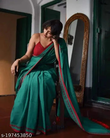 Elegant Green Peach Georgette Saree with Red Border