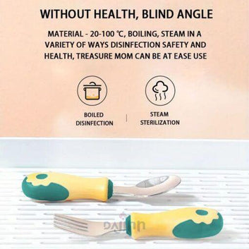 DaJinn Stainless Steel SUS 316 Baby Feeding Training Spoon and Fork Set with Anti-Bacterial PP Storage Box – Green Orange