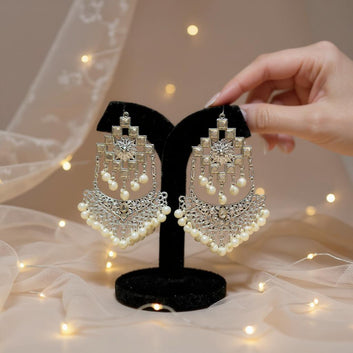 Dajinn Noor-E-Zaiba Collection Traditional Oxidised Silver-Plated Ethnic Earrings with Pearls for Women & Girls (Heritage Rajwadi Dangler)