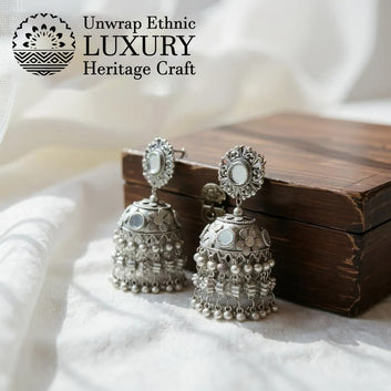 Dajinn Noor-E-Zaiba Collection Traditional Oxidised Silver-Plated Ethnic Earrings with Pearls for Women & Girls (Mehfil Mirror Jhumka)