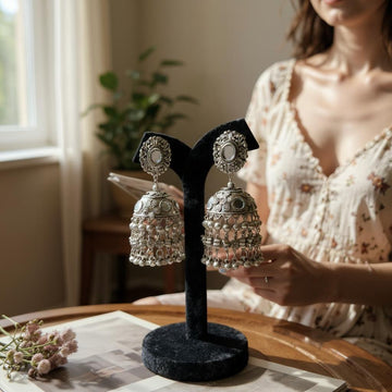 Dajinn Noor-E-Zaiba Collection Traditional Oxidised Silver-Plated Ethnic Earrings with Pearls for Women & Girls (Mehfil Mirror Jhumka)