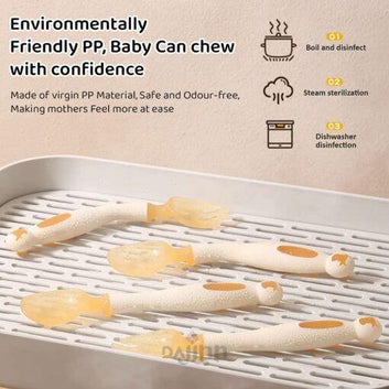 DaJinn Silicone Baby Feeding/Training Spoon and Fork Set with Anti-Bacterial PP Storage Box (Orange & Cream)