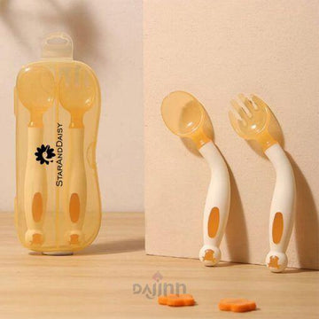 DaJinn Silicone Baby Feeding/Training Spoon and Fork Set with Anti-Bacterial PP Storage Box (Orange & Cream)