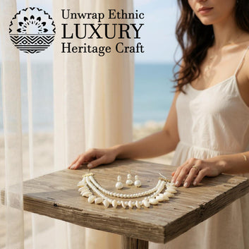 Dajinn Pearl Nirvana Traditional Ethnic Pearl & Shell Necklace Set with Earrings for Women and Girls (Magical Sea)