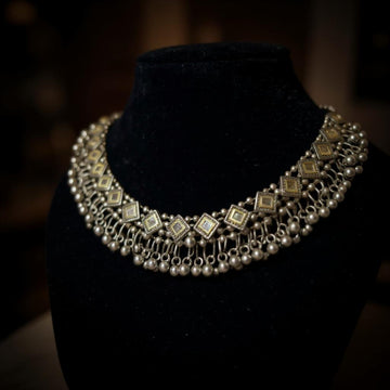 Dajinn Royal Radiance Oxidized Brass Choker Necklace for Women | Antique Pendant with Mirror Work | Traditional Ethnic Temple Jewelry
