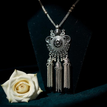 Dajinn Mystic Bloom Oxidized Brass Necklace Earrings Set for Women Ethnic Jewelry with Dangling Tassel Pendant Jhumka Earrings