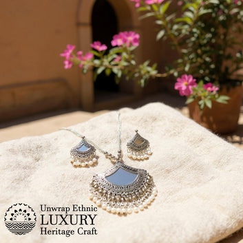 Dajinn Heritage Glow Oxidized Mirror Necklace Earrings Set for Women | Pearl Beads | Traditional Ethnic Jewelry for Weddings & Festivals
