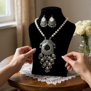 Dajinn Royal Majesty Oxidized Brass Necklace Earrings Set for Women | Pearl Beads Mirror Work | Traditional Wedding and Festive Jewelry
