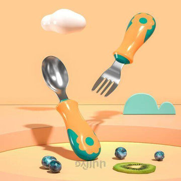 DaJinn Stainless Steel SUS 316 Baby Feeding Training Spoon and Fork Set with Anti-Bacterial PP Storage Box – Green Orange
