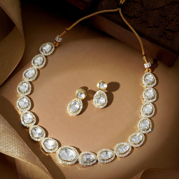 Dajinn Heer Light Gold Uncut Stone Necklace Set