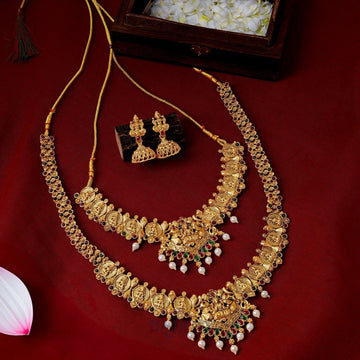 Dajinn Katyayani Gold Red And Green Layered Necklace Set