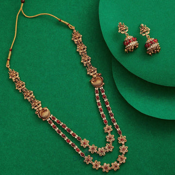 Dajinn Chaitanya Gold Finish Red Necklace Set