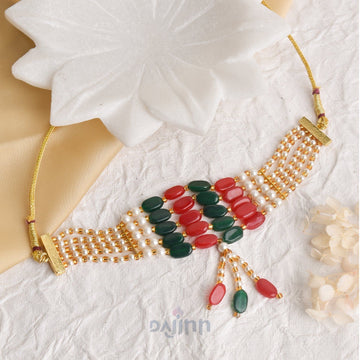 Dajinn Amisha Green and red Beaded gold necklace