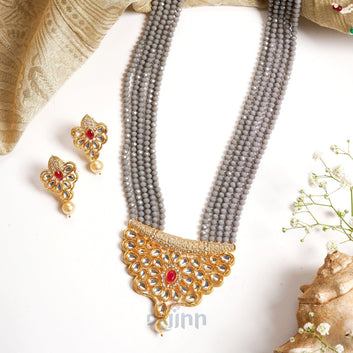Dajinn Ranihaar Light Grey Beads And Stone Necklace Set
