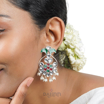 Dajinn Sunehri Green Red Silver Oxidised Earring