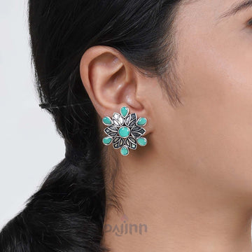 Dajinn Aashini Mint Green Stone Silver Oxidised Earring