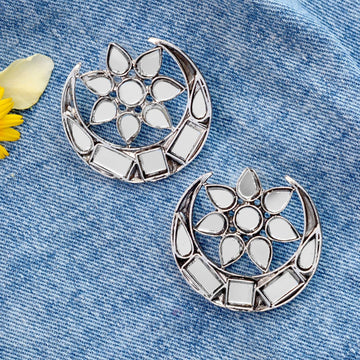 Manth Silver Oxidized Mirror Earrings