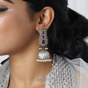 Dajinn Vaanya Maroon Silver Oxidised Earring