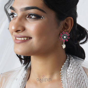 Dajinn Eesha Dark Green and Pink Silver Oxidised Earring