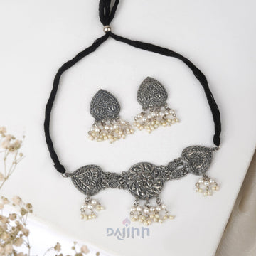 Dajinn Saiya Silver Oxidised Necklace Set
