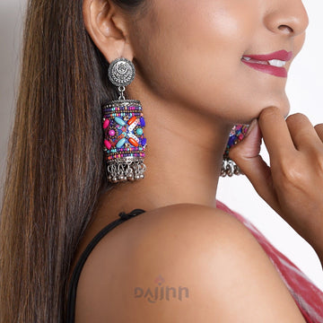 Dajinn Ganavi Pink and Orange Stone Silver Oxidised Earring