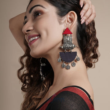 Dajinn Yaalini Red and Dark Blue Fabric Earring