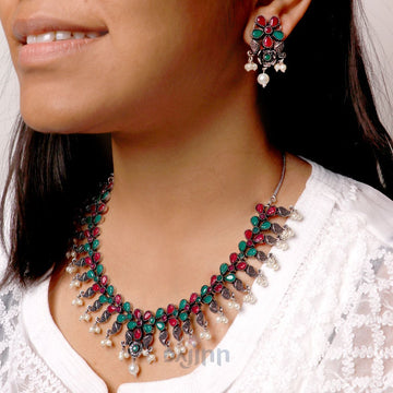 Niranjana Multi colored Silver Oxidized Necklace Set