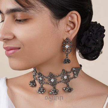 Dajinn Gangol Ghungroo Silver Oxidised Necklace Set