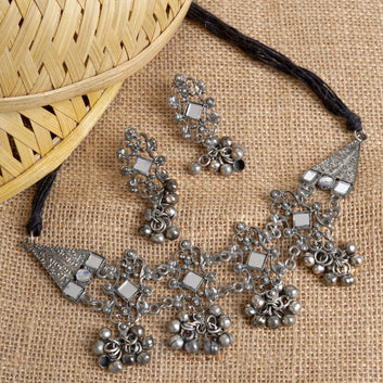 Dajinn Gangol Ghungroo Silver Oxidised Necklace Set
