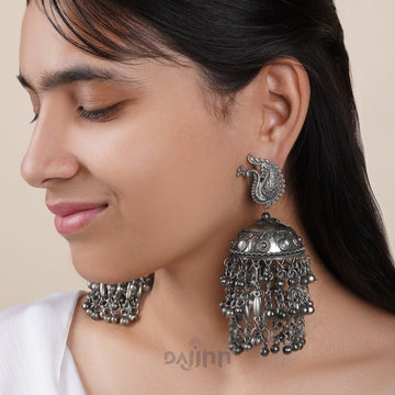 Dajinn Hanika Ghungroo Silver Oxidised Earrings