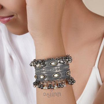 Dajinn Freyal Ghungroo Silver Oxidised Bracelet