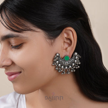 Dajinn Harini Dark Green Silver Oxidised Earrings