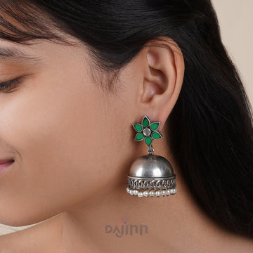 Dajinn Maanika Dark Green Silver Oxidised Earrings