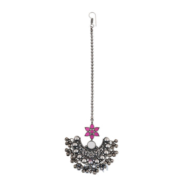Dajinn Iditri Maroon Silver Oxidised Maang Tika
