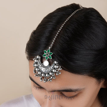 Dajinn Iditri Dark Green Silver Oxidised Maang Tika
