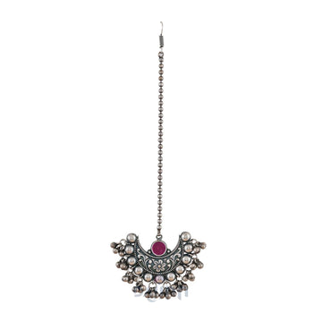 Dajinn Madhul  Maroon Silver Oxidised Maang Tika