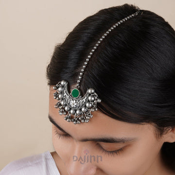 Dajinn Madhul  Dark Green Silver Oxidised Maang Tika