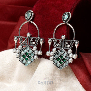 Dajinn Charulata Green Silver Oxidised Earrings