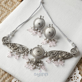 Dajinn Cera Silver Oxidised Pastel Pink  Necklace Set